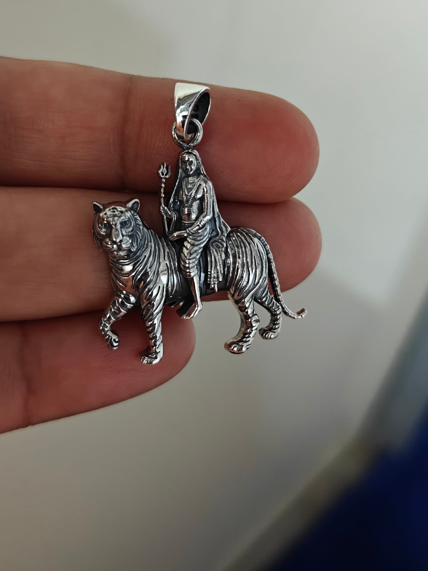 Goddess Durga on Tiger Sterling Silver Pendant with chain