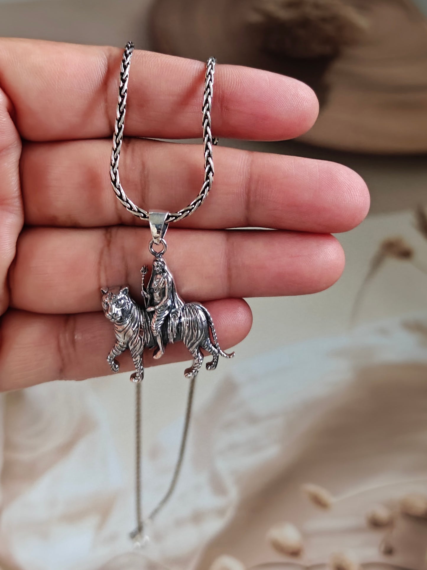 Goddess Durga on Tiger Sterling Silver Pendant with chain