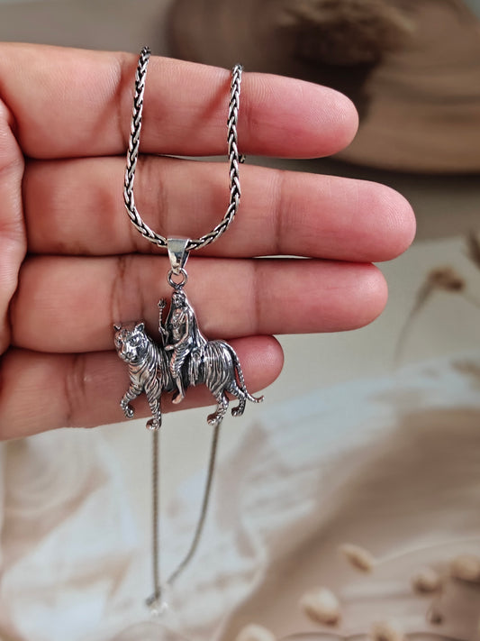 Goddess Durga on Tiger Sterling Silver Pendant with chain
