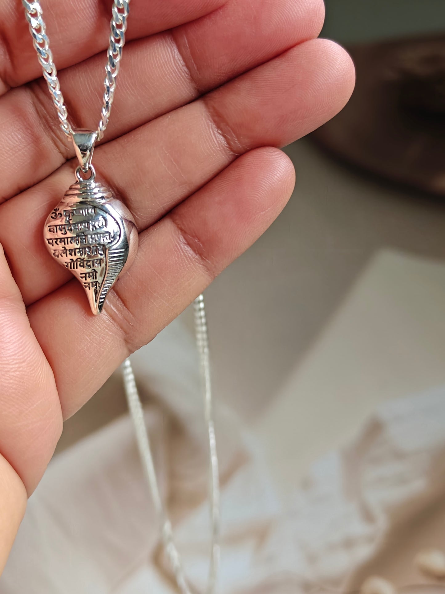 Shri Krishna Mantra Silver Shankh Pendant with chain