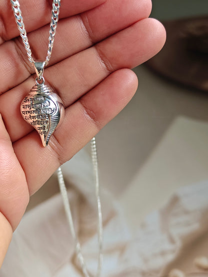 Shri Krishna Mantra Silver Shankh Pendant with chain