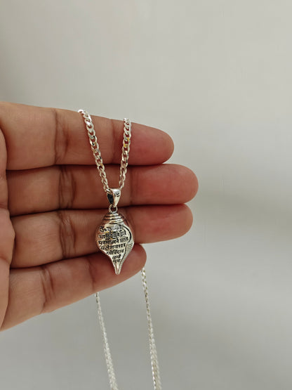 Shri Krishna Mantra Silver Shankh Pendant with chain
