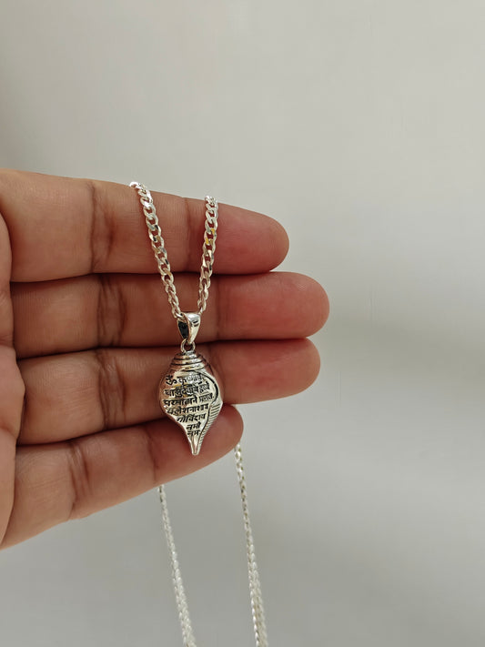 Shri Krishna Mantra Silver Shankh Pendant with chain