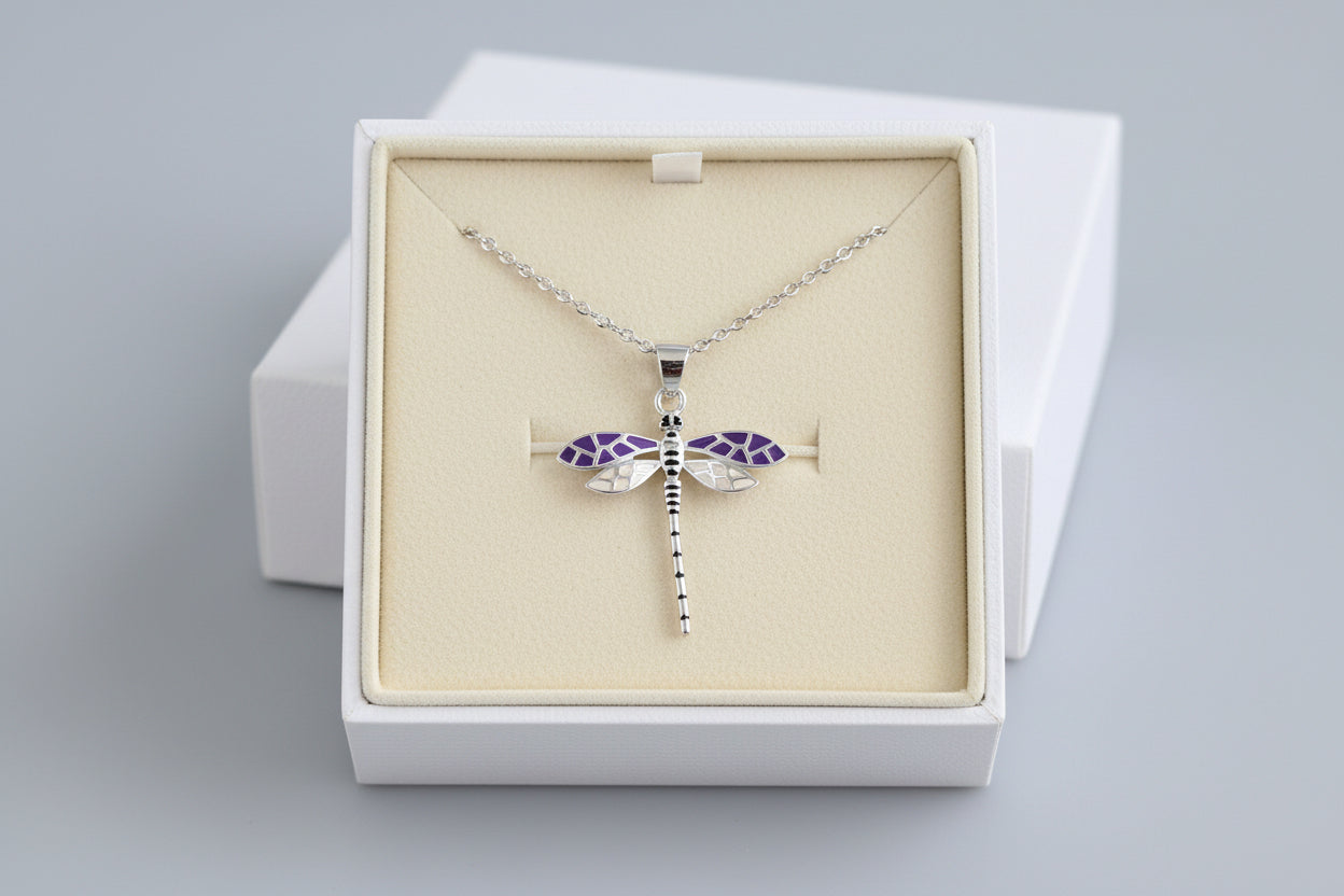 DRAGONFLY PENDANT NECKLACE WITH PURPLE AND WHITE