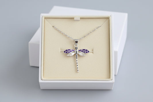 DRAGONFLY PENDANT NECKLACE WITH PURPLE AND WHITE
