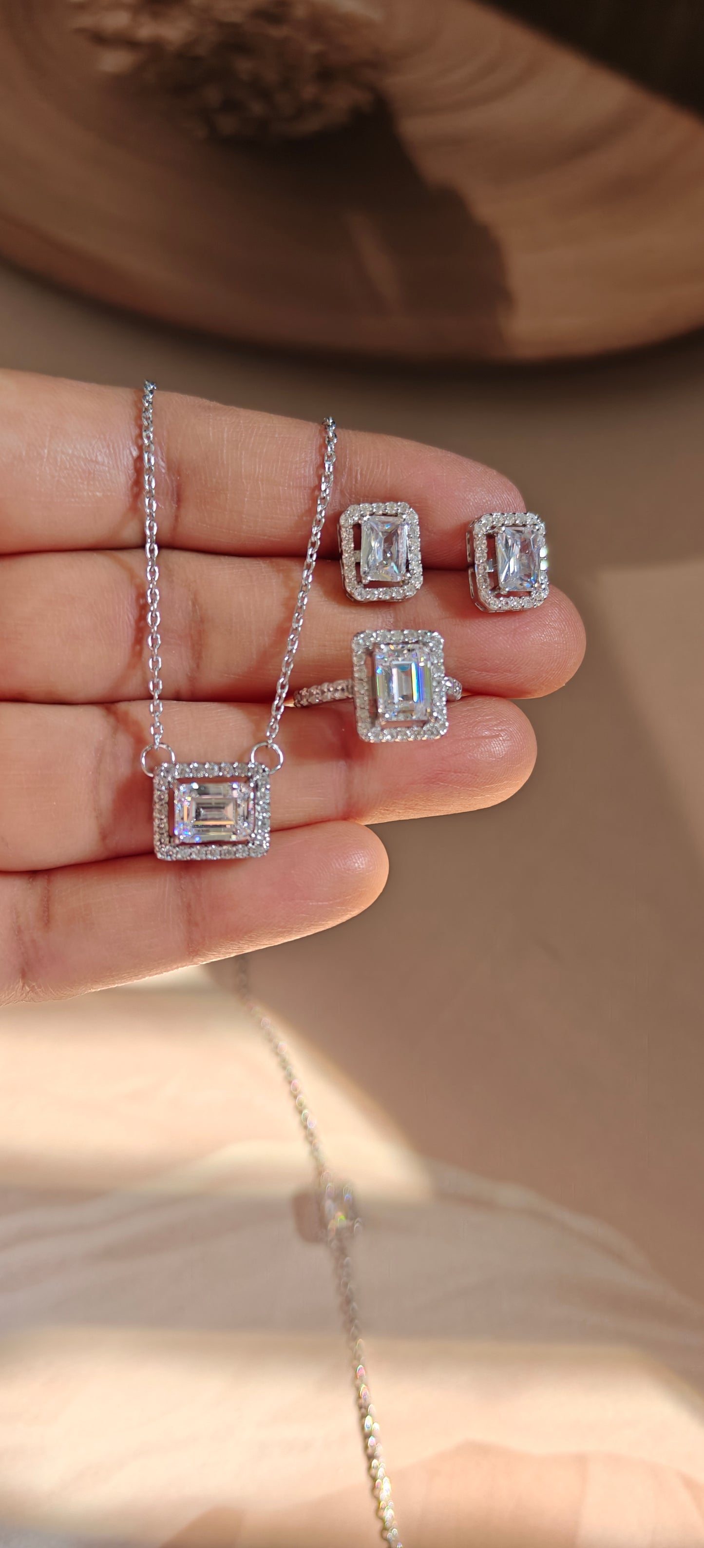 EMERALD-CUT NECKLACE EARRING AND RING SET