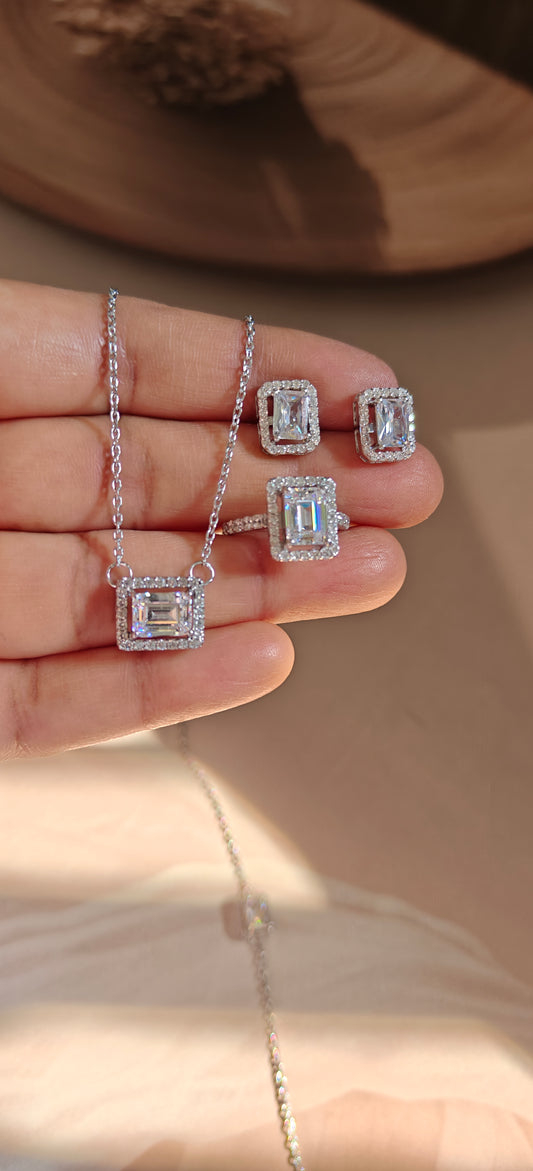 EMERALD-CUT NECKLACE EARRING AND RING SET