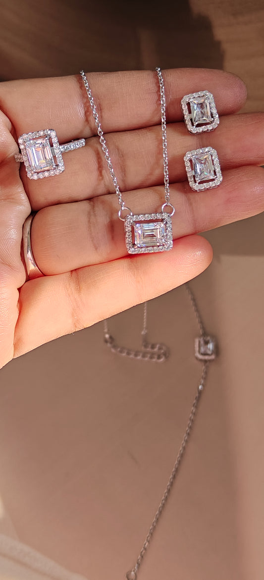 EMERALD-CUT NECKLACE EARRING AND RING SET