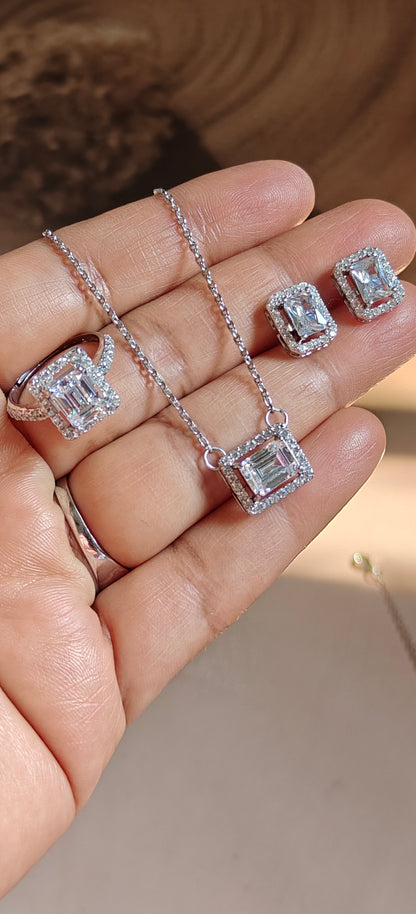 EMERALD-CUT NECKLACE EARRING AND RING SET