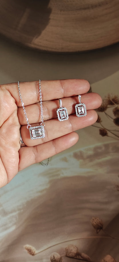 EMERALD-CUT NECKLACE EARRING AND RING SET